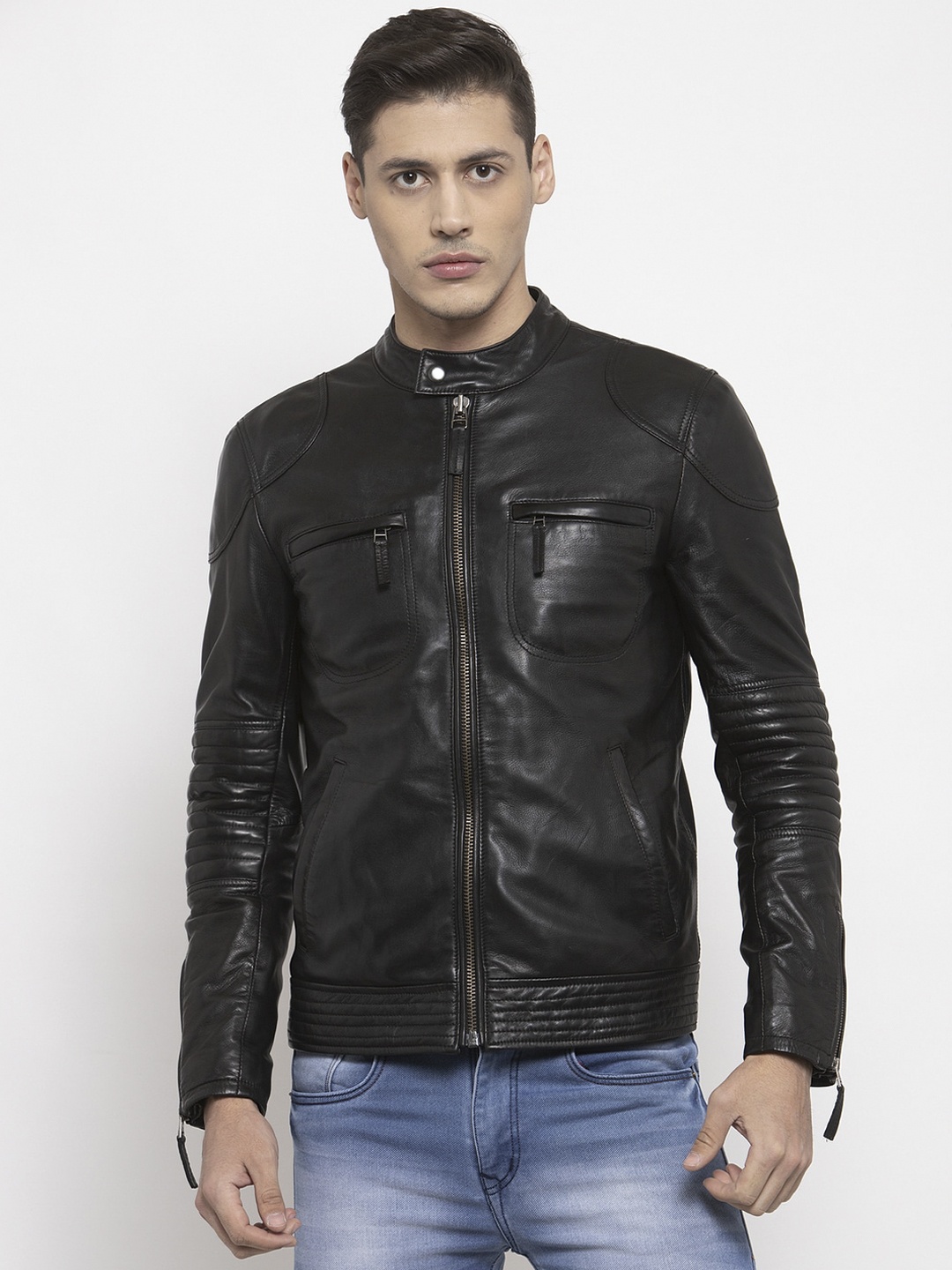 

WELBAWT Men Black Solid Lightweight Biker Jacket