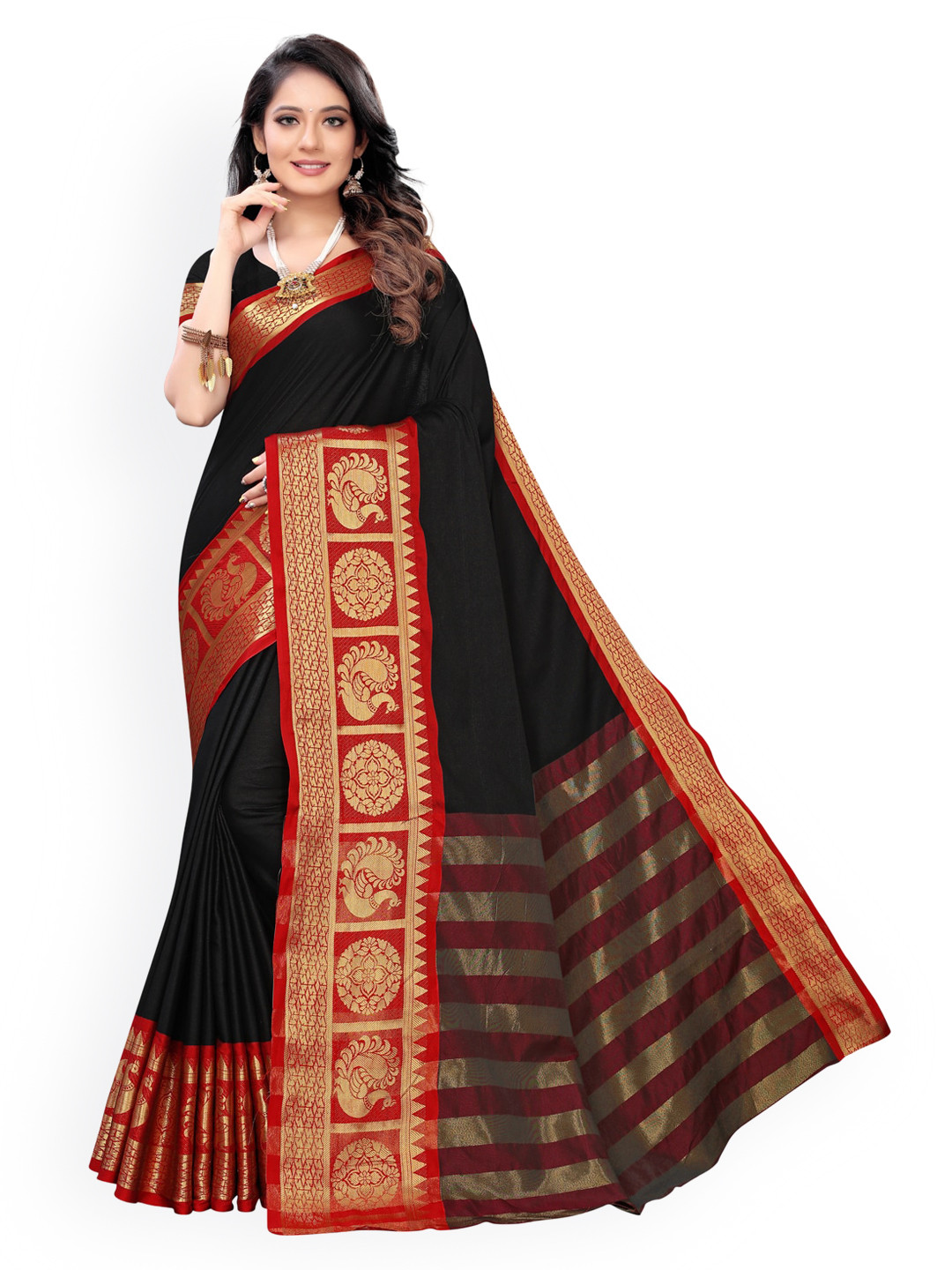 

KALINI Black & Red Poly Silk Solid Banarasi Saree