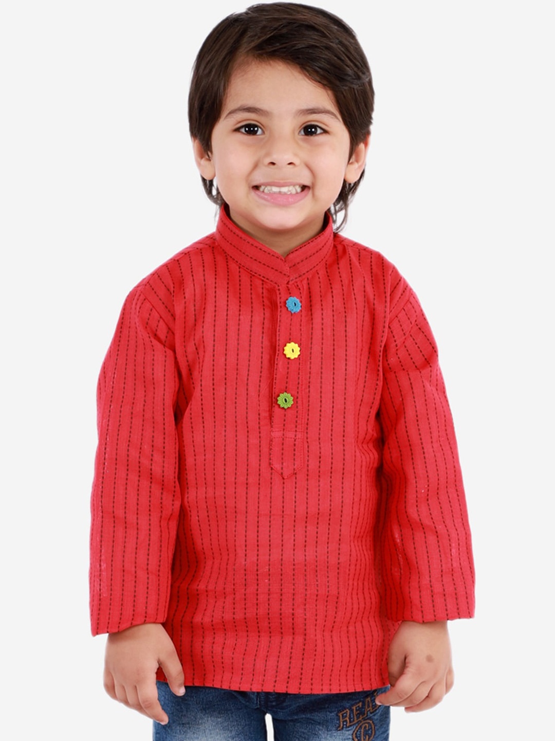 

KID1 Boys Red Striped Thread Work Flower Button Handloom Kurta