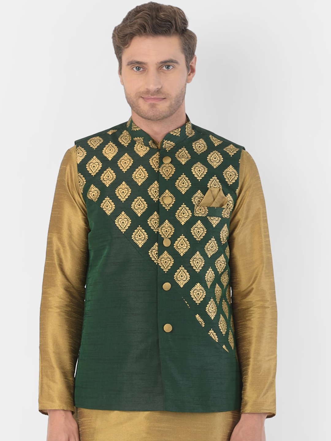 

DEYANN Men Green & Gold-Coloured Woven Design Nehru Jacket