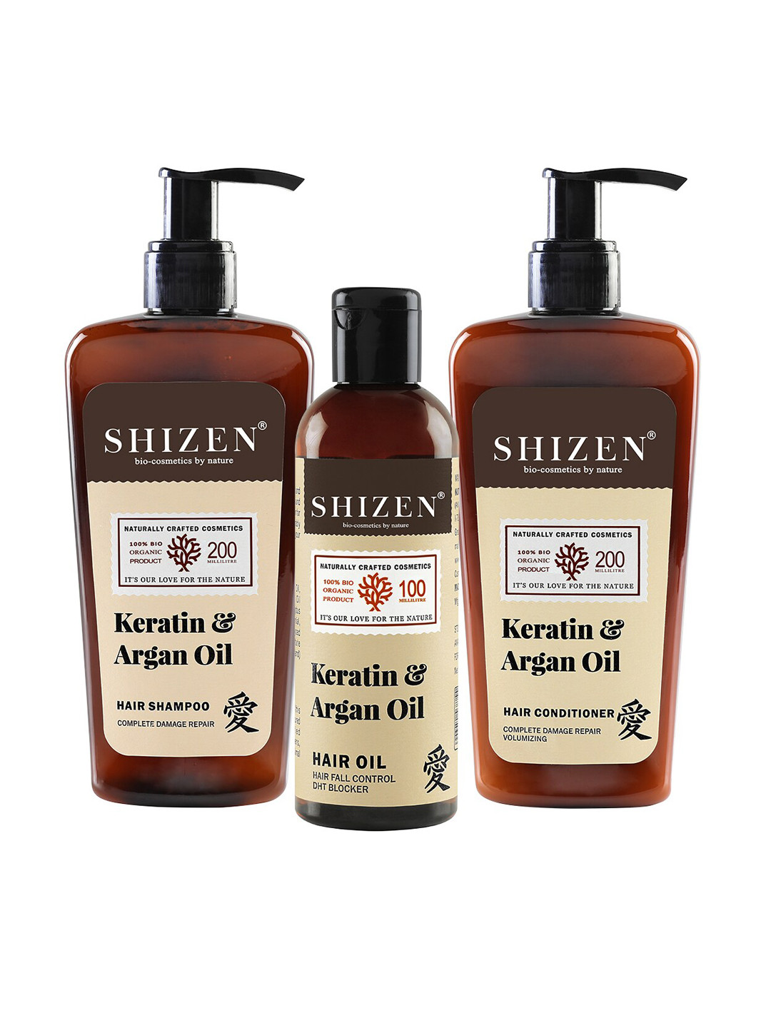 

Shizen Keratin & Argan Oil Hair Shampoo 200 ml-Hair Conditioner 200 ml-Hair Oil 100 ml, White