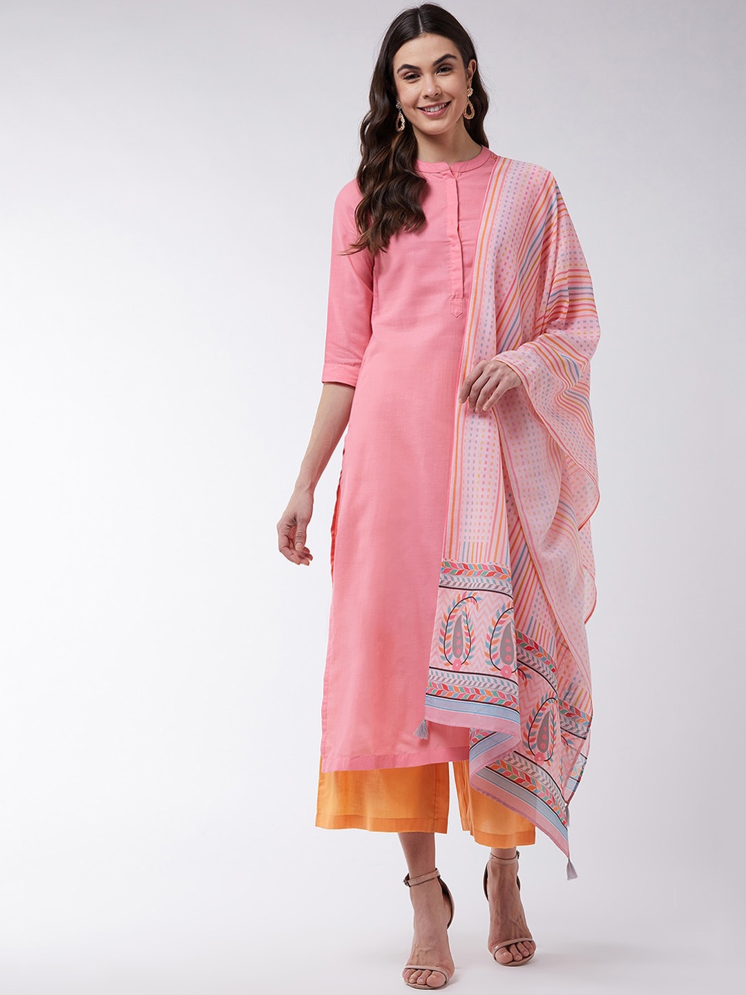 

Pannkh Women Pink & Orange Solid Kurta with Palazzos & Dupatta