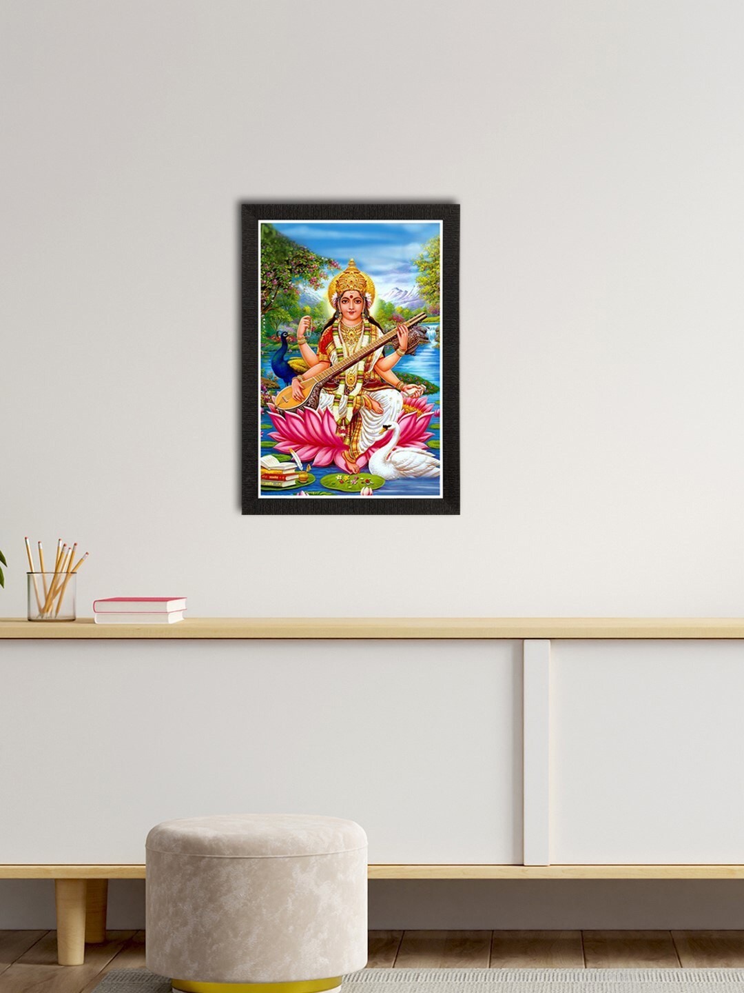 eCraftIndia Multicoloured Goddess Saraswati Satin Matte Texture UV Wall Painting, Multi