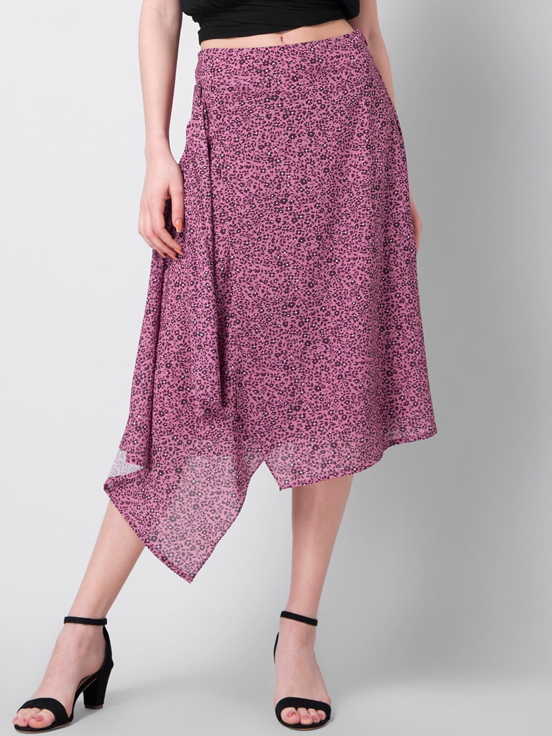 

FabAlley Women Pink & Black Floral Printed A-Line Wrap Midi Skirt