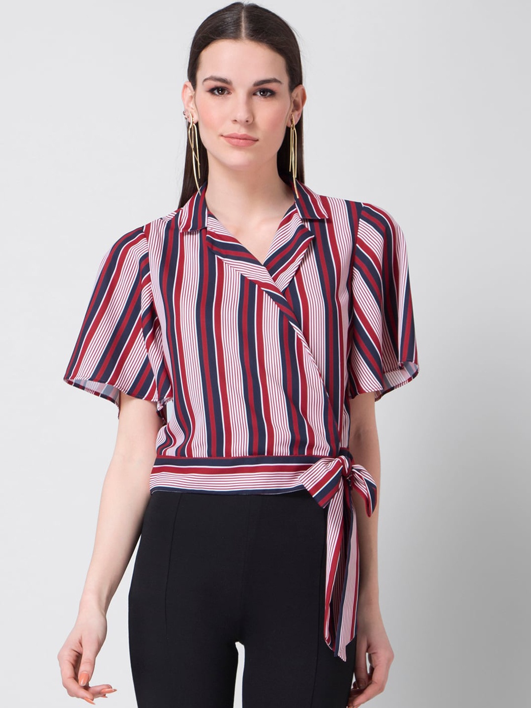 

FabAlley Red & Navy Blue Striped Crepe Wrap Top