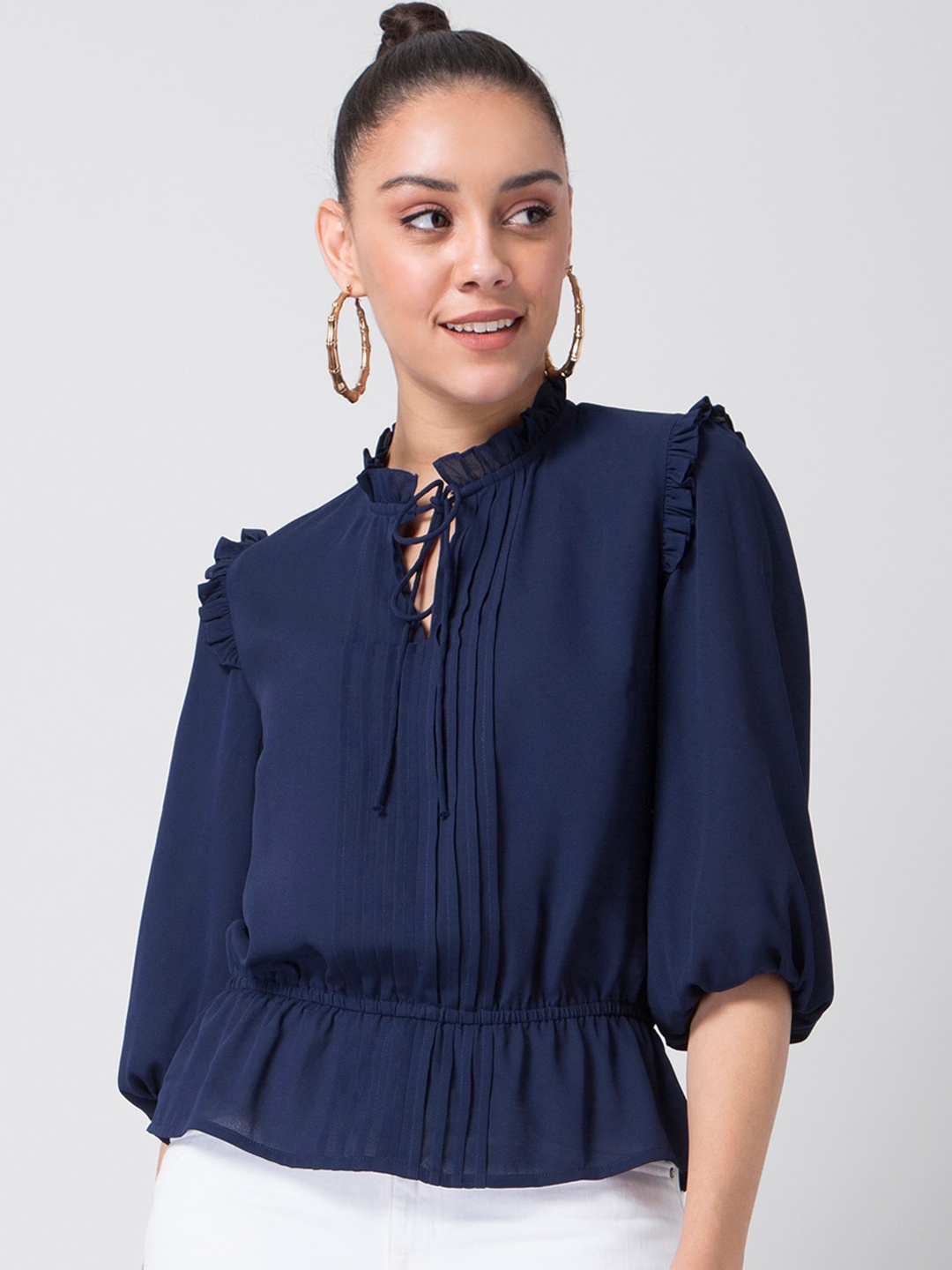 

FabAlley Blue Solid Tie-Up Neck Puff Sleeves Crepe Cinched Waist Top