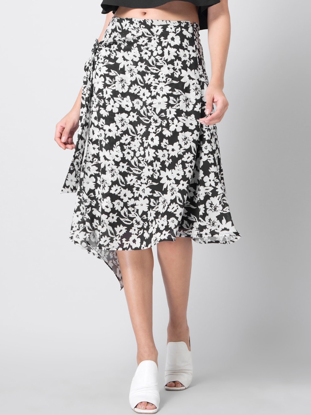 

FabAlley Women Black & White Printed Wrap Midi Skirt