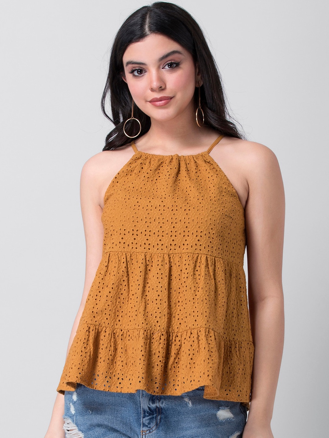 

FabAlley Yellow Floral Printed Halter Neck Pure Cotton Regular Top