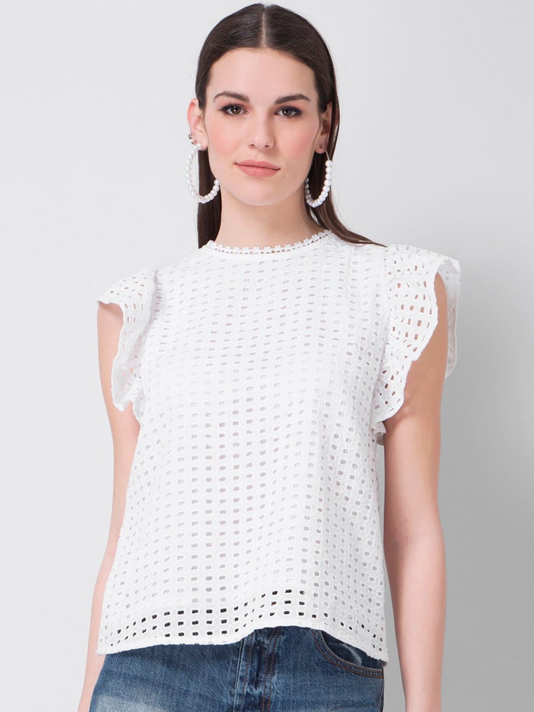 

FabAlley Women White Schiffli Top