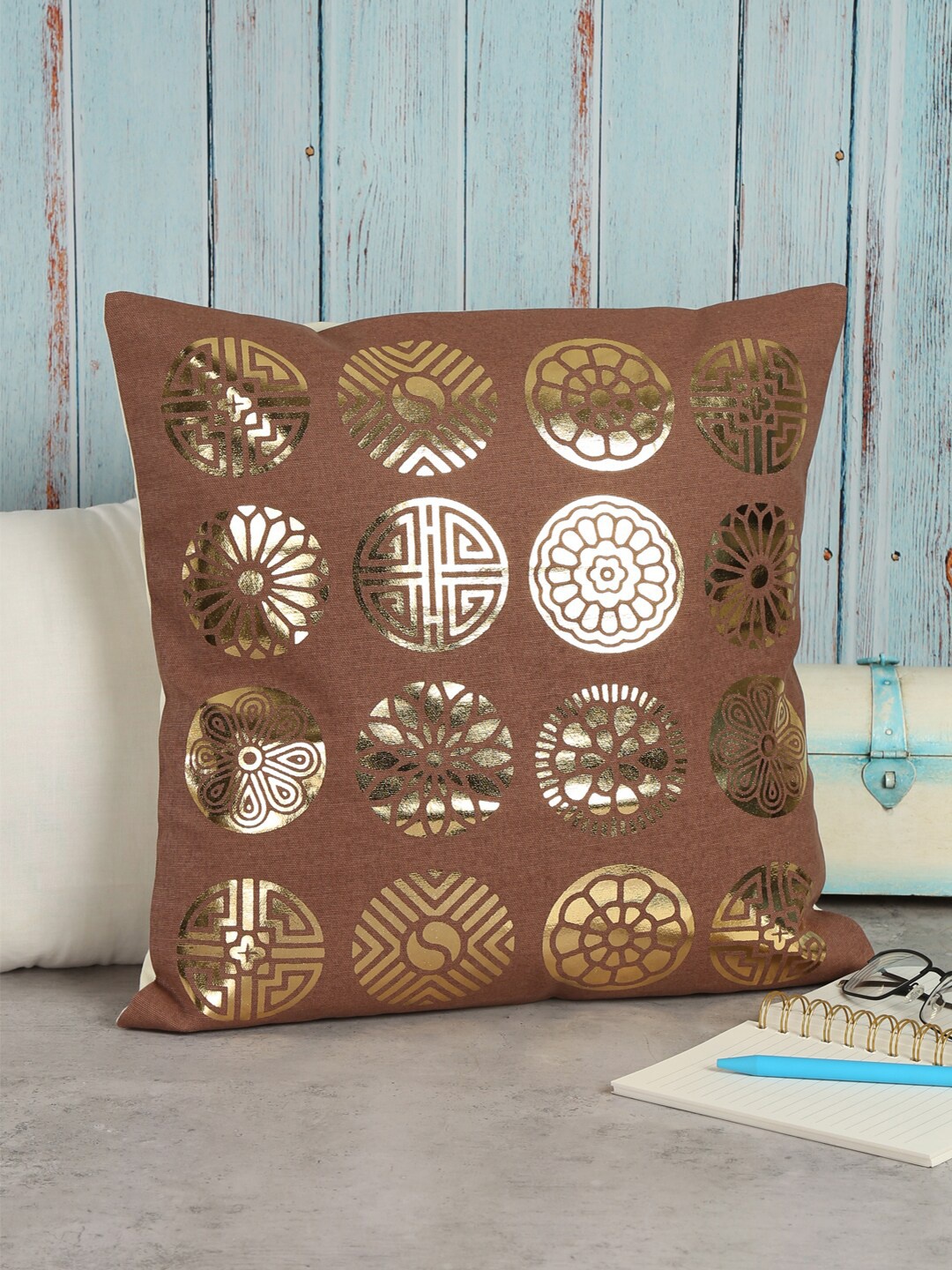 

India Circus by Krsnaa Mehta Coffee Brown & Gold Single Chakra Motifs Foil Cushion Cover