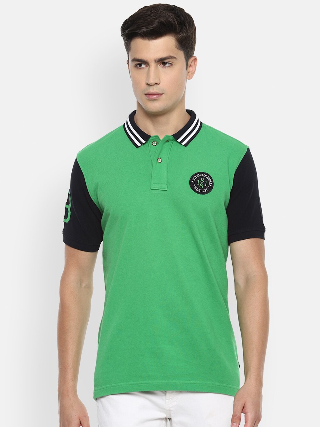Van Heusen Sport Men Green Solid Polo Collar Pure Cotton T-shirt