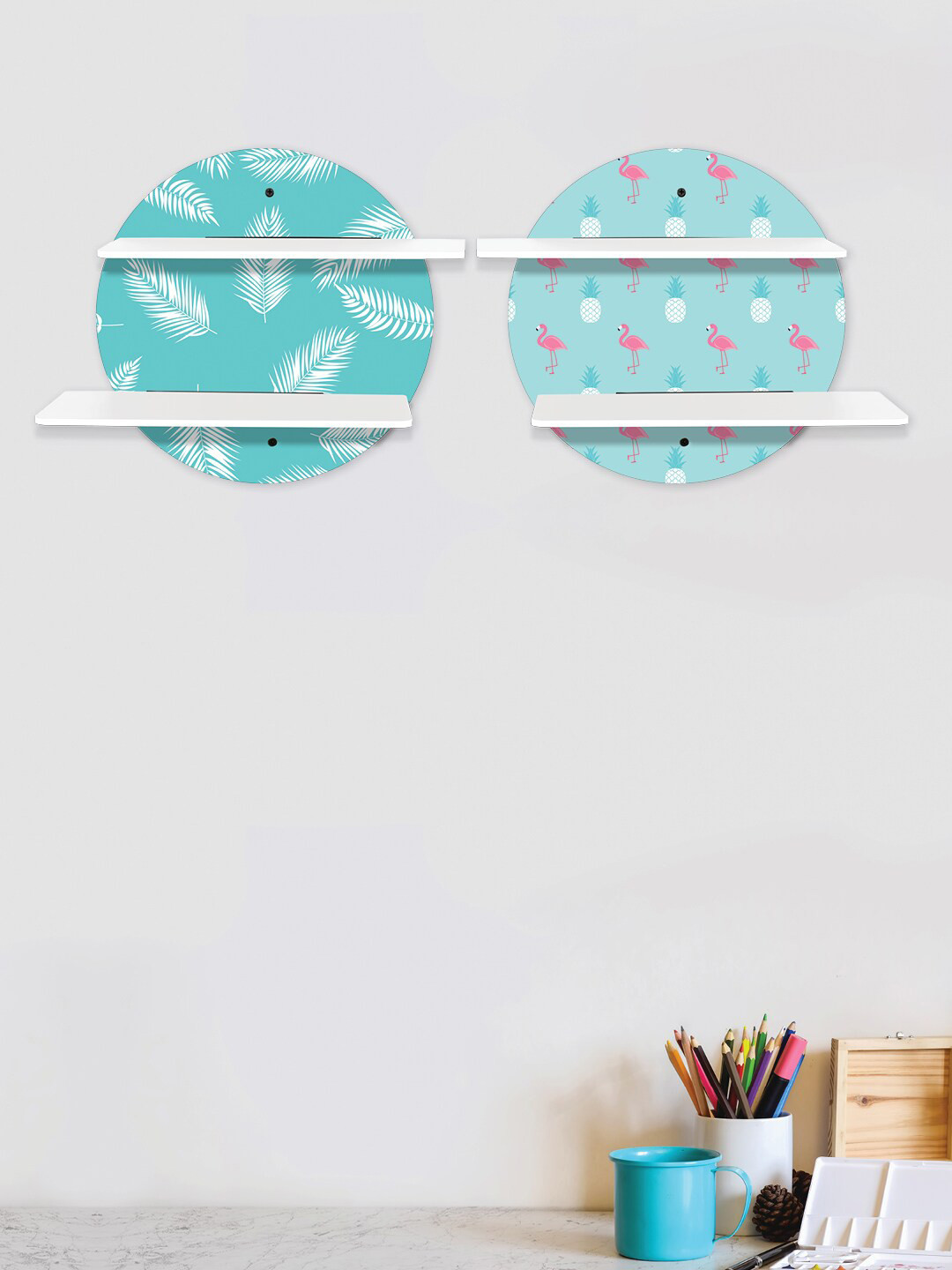 

RANDOM Set of 2 Multicoloured Printed MDF Circular Wall Shelf with White Plates, Multi
