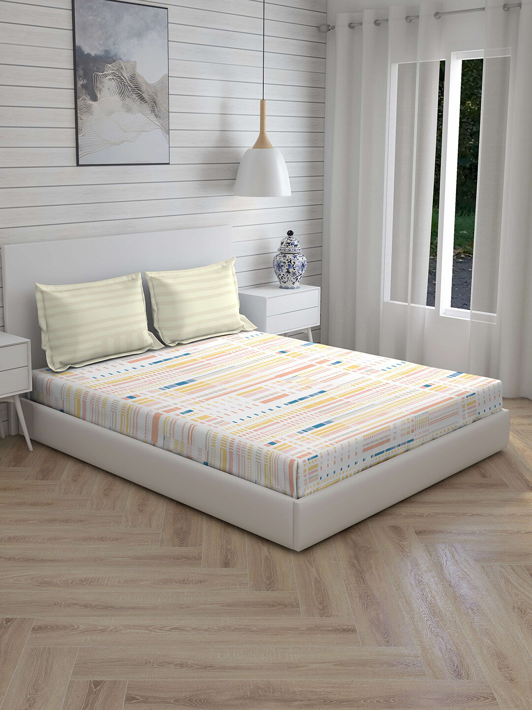 

Boutique Living India White & Pink Geometric 180 TC Cotton 1 King Bedsheet with 2 Pillow Covers