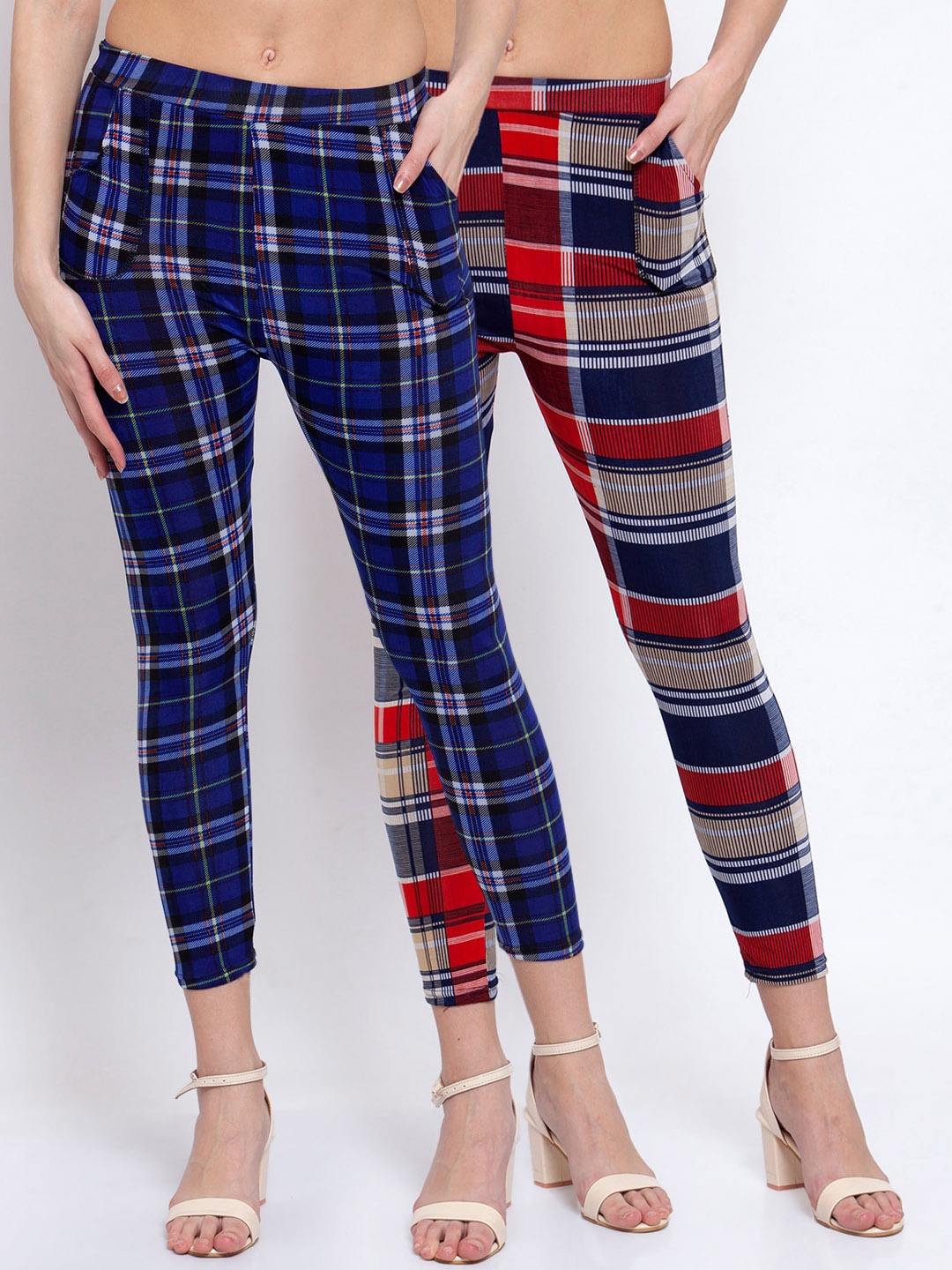 

KLOTTHE Women Pack Of 2 Checked Skinny-Fit Jeggings, Navy blue