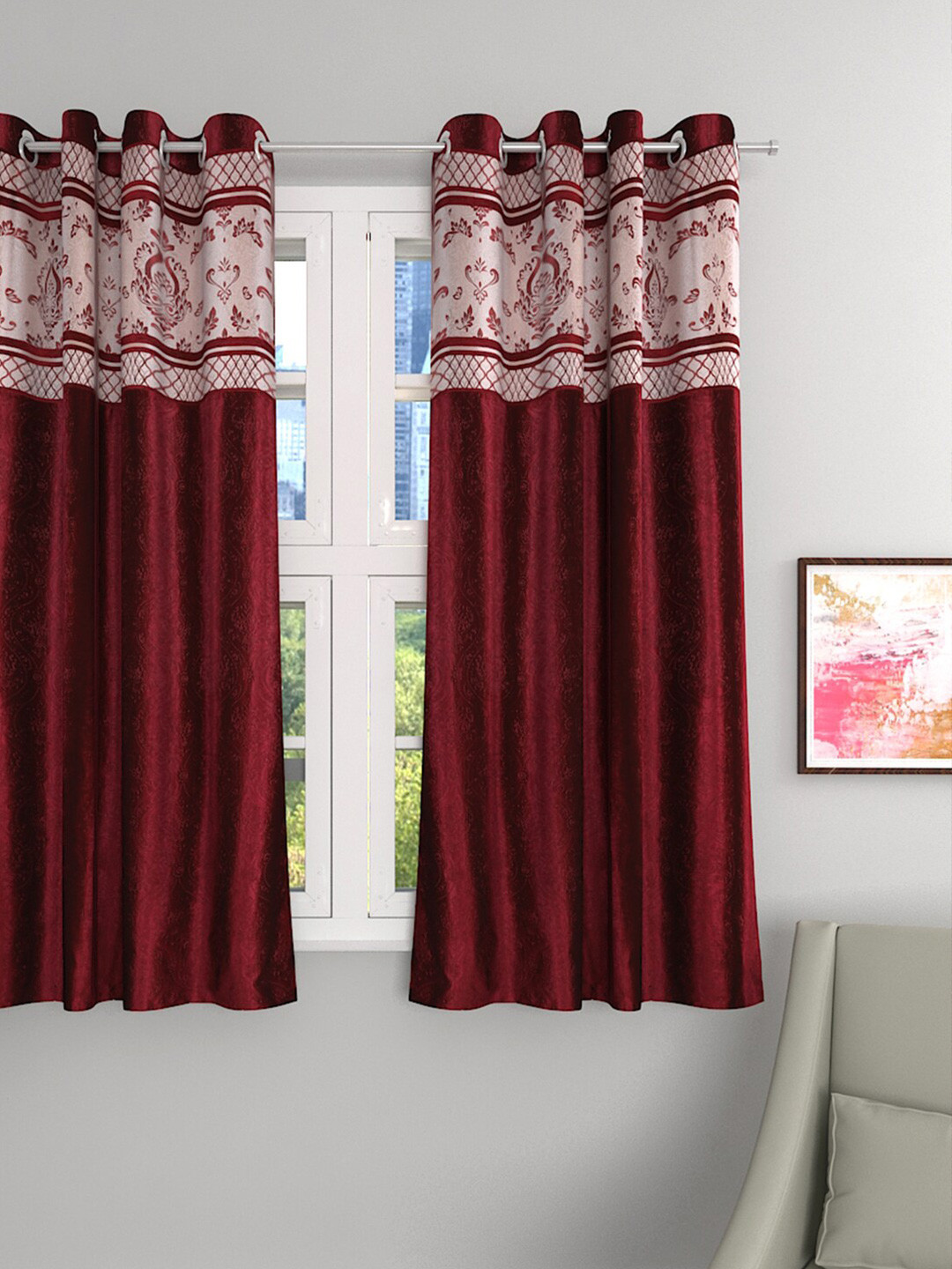 

ROMEE Maroon & White Single Room Darkening Window Curtain