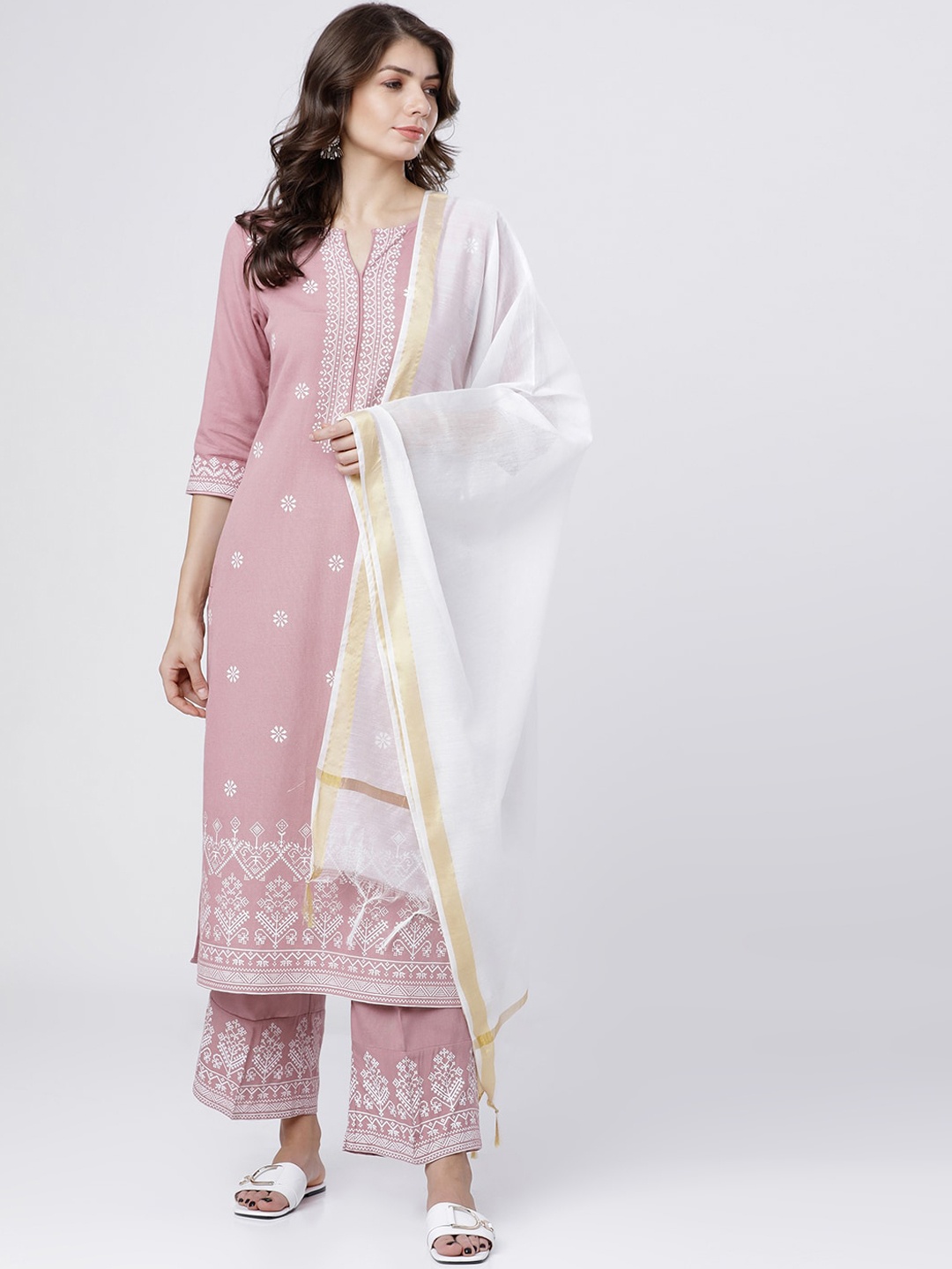

Vishudh Women Pink Straight Kurta With Palazzo And Dupatta