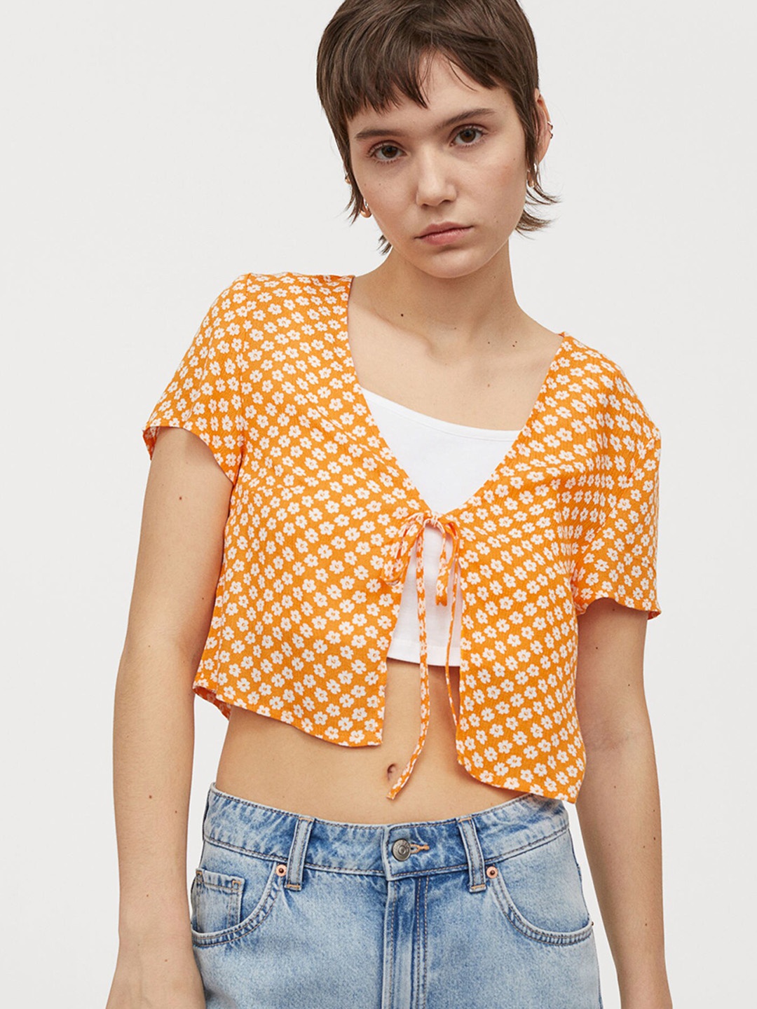 

H&M Women Orange Printed Tie-Top Blouse