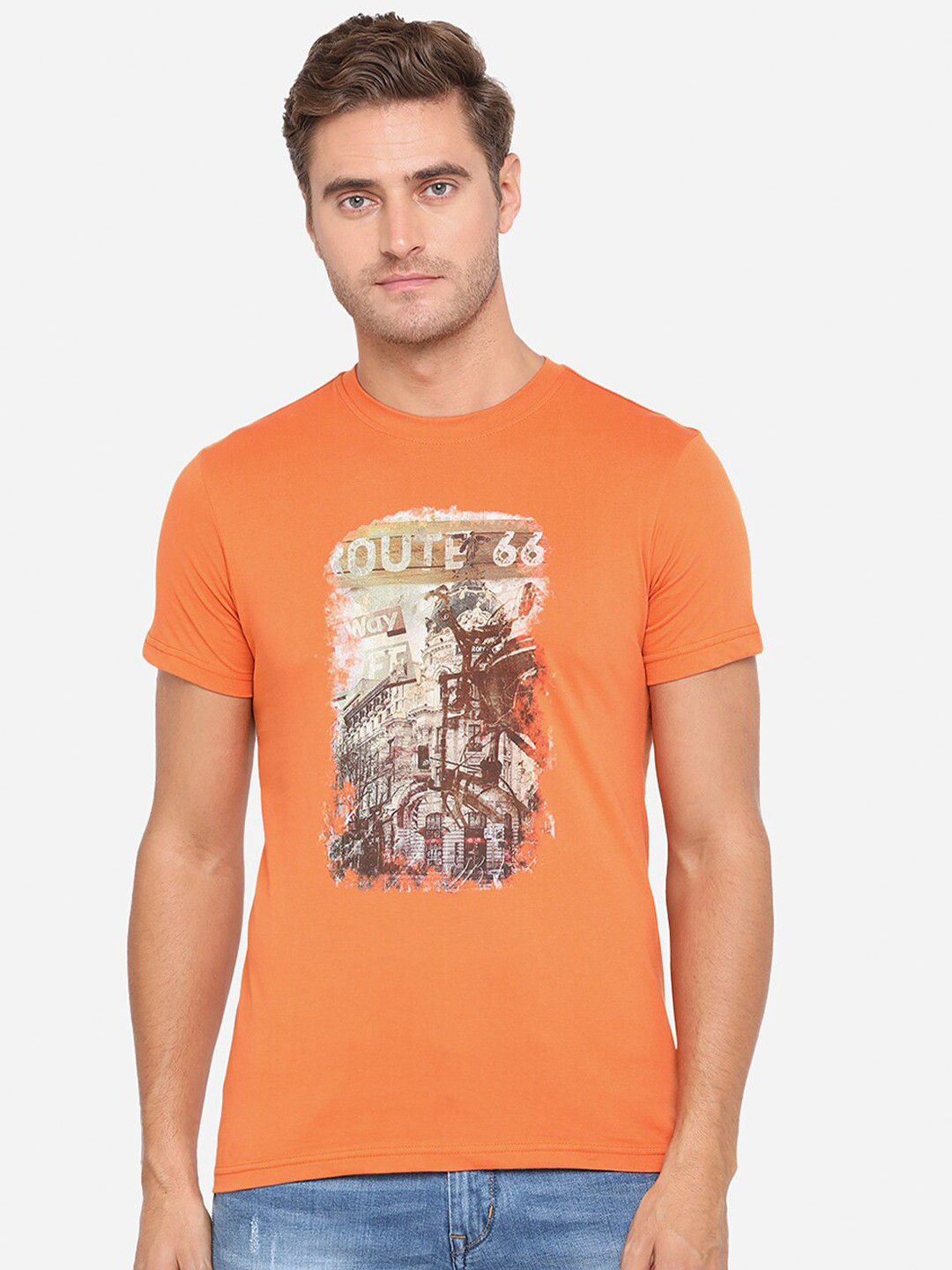 

Greenfibre Men Orange Printed Round Neck T-shirt