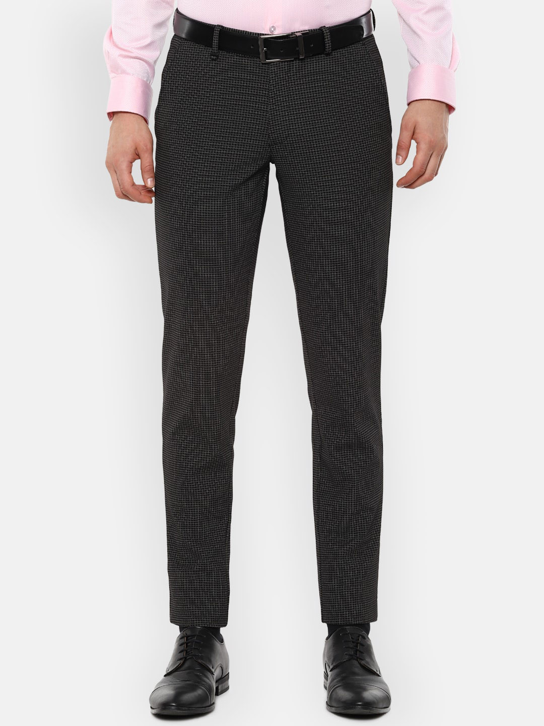 

Van Heusen Men Black & Grey Slim Fit Self Design Formal Trousers