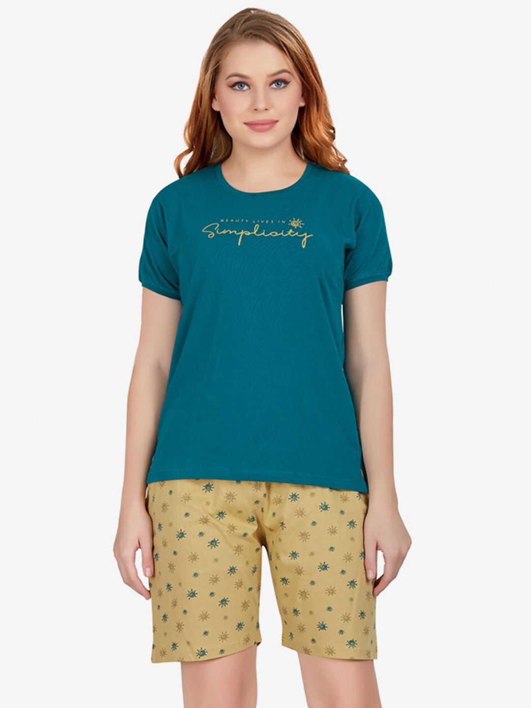 

Lenissa Women Teal & Beige Printed Cotton Night suit