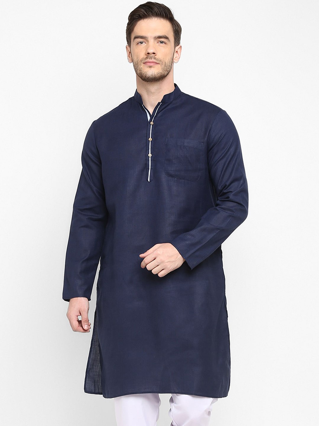 

Hangup Men Navy Blue Mandarin Collar Kurta