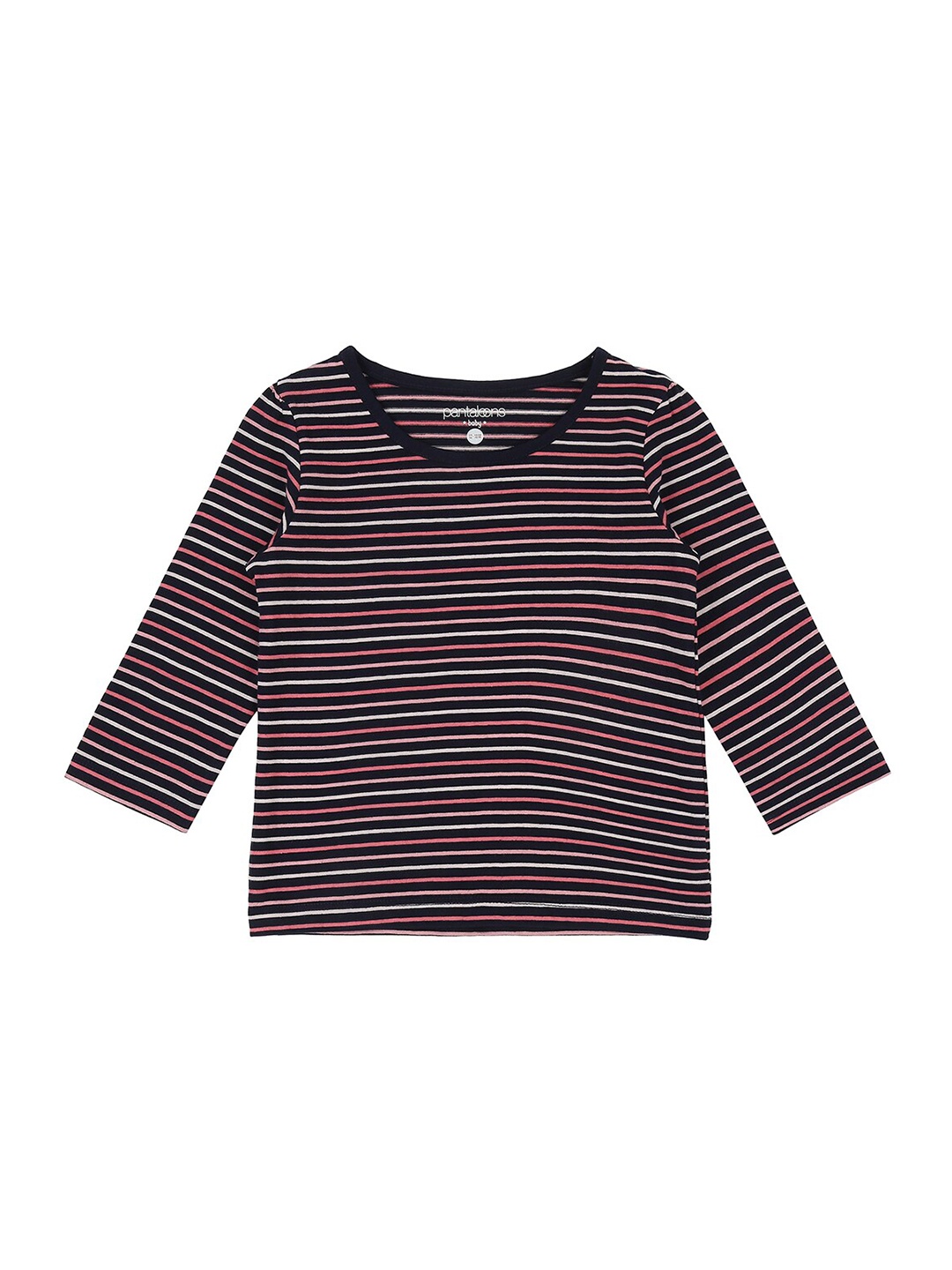 

Pantaloons Baby Girls Navy Blue & White Striped Cotton T-shirt