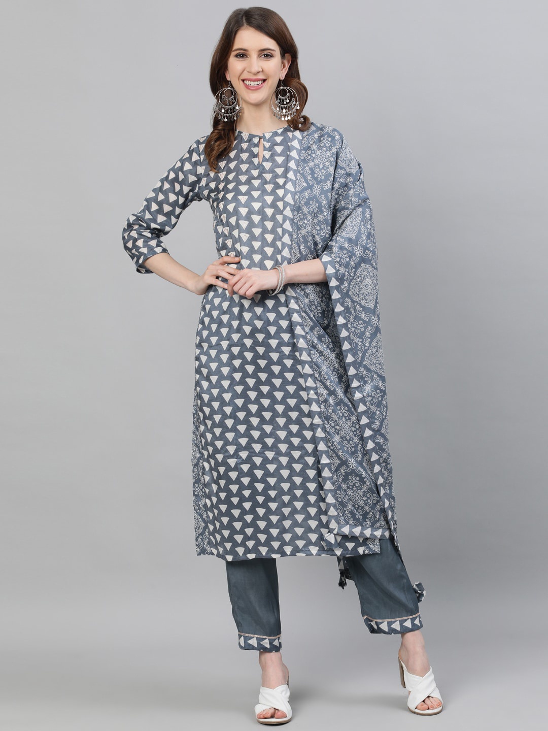 

Ishin Women Grey & Off-White Printed Kurta with Trousers & Dupatta