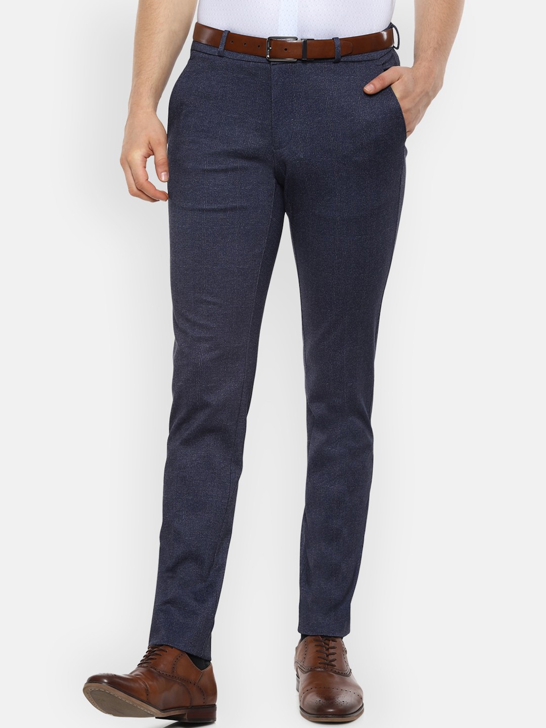 

Van Heusen Men Navy Blue & White Slim Fit Self Design Formal Trousers