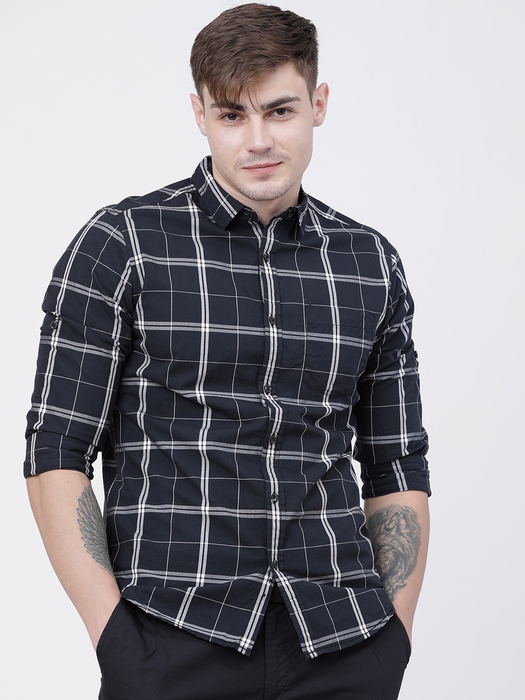 

LOCOMOTIVE Men Navy Blue & White Slim Fit Checked Casual Shirt