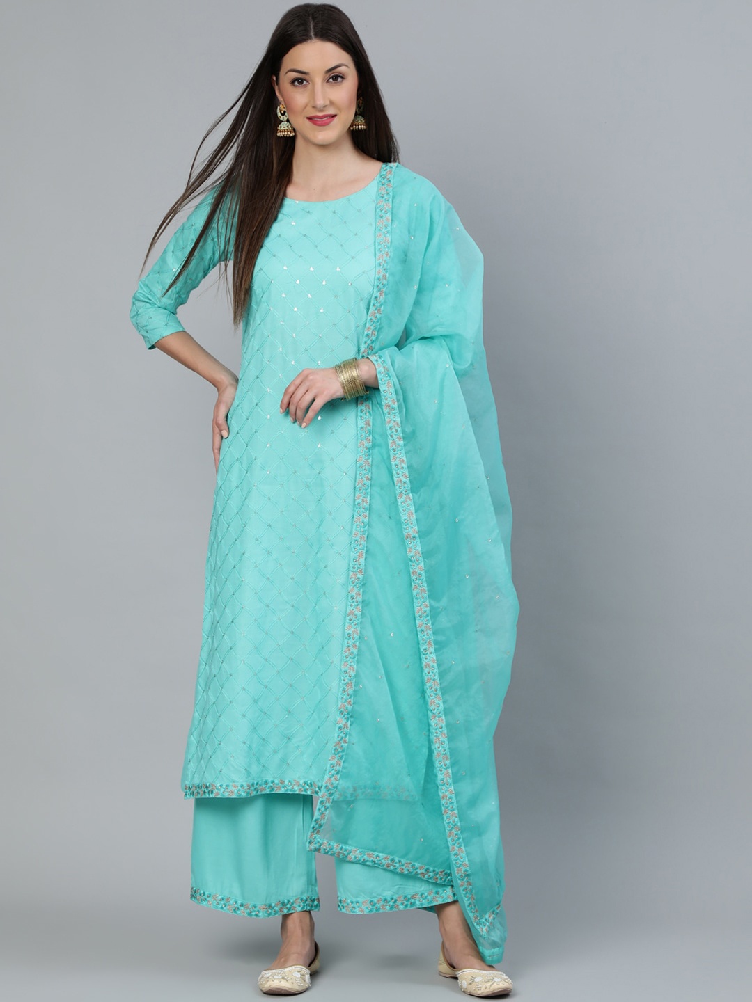 

Nayo Women Turquiose Blue Sequin Embesllished Kurta With Palazo & Organza Dupatta, Turquoise blue