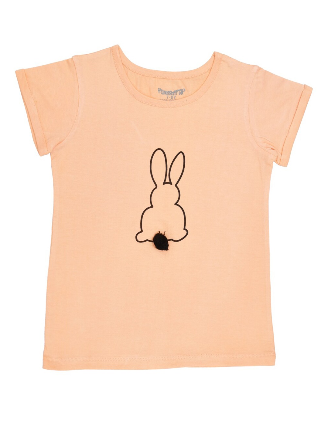 

FUNKRAFTS Girls Peach-Coloured Black Bunny Print Round Neck Pure Cotton T-shirt