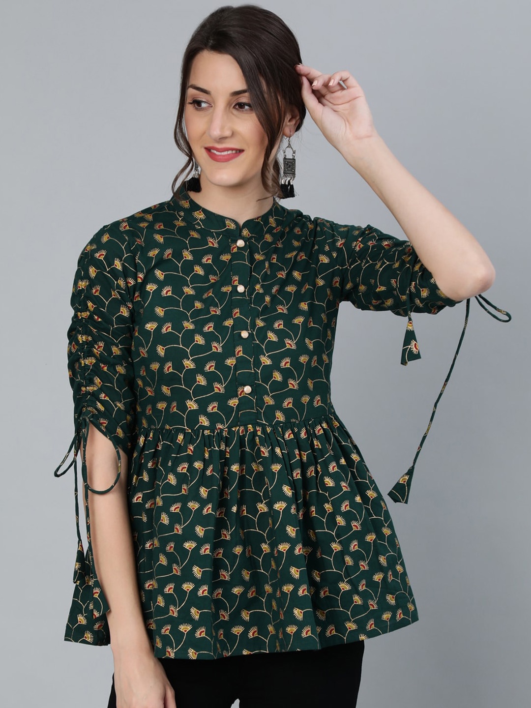 

Nayo Green Mandarin Collar Cinched Waist Top