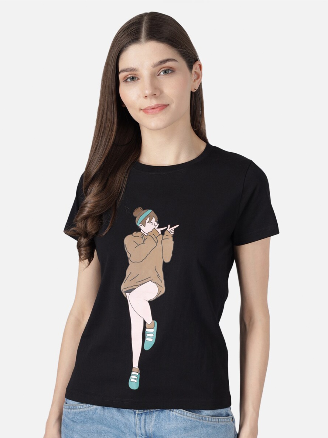 

The Dry State Women Black Printed Round Neck T-shirt