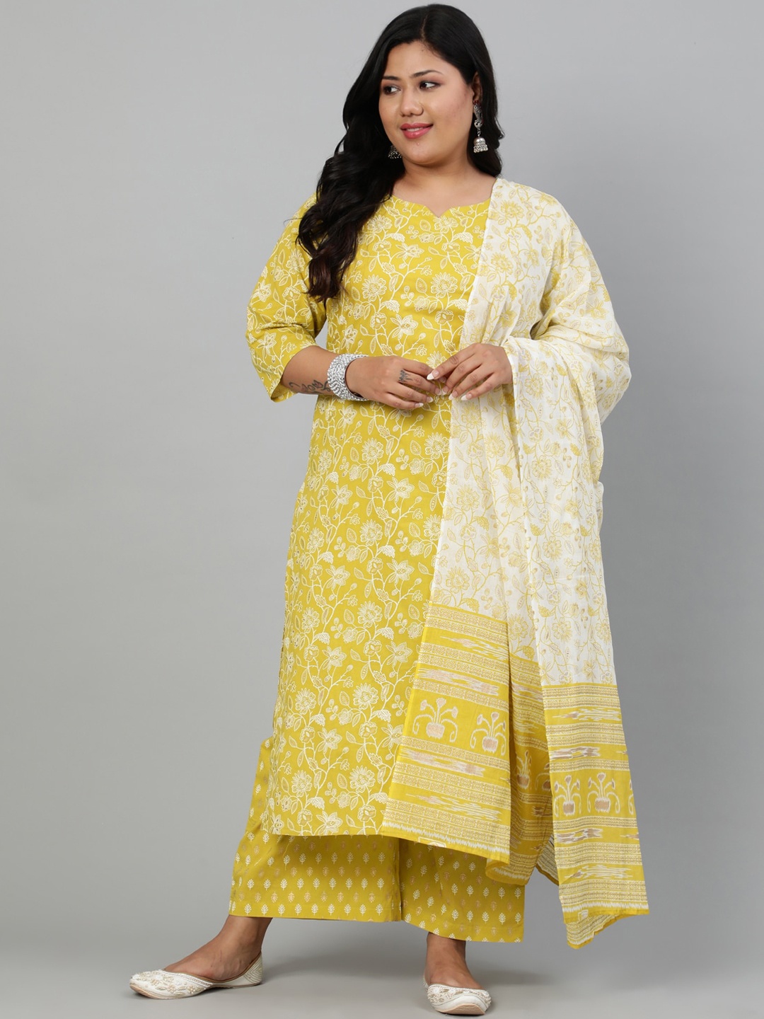 

Nayo Plus Size Women Lime Green Ethnic Motifs Pure Cotton Kurta with Palazzos & Dupatta