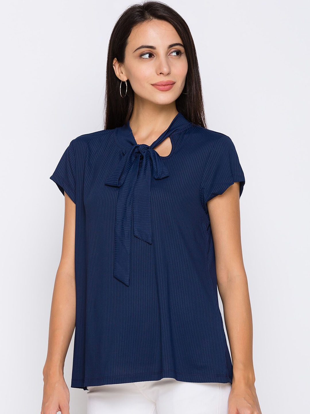 

Globus Navy Blue Tie-Up Neck Regular Top