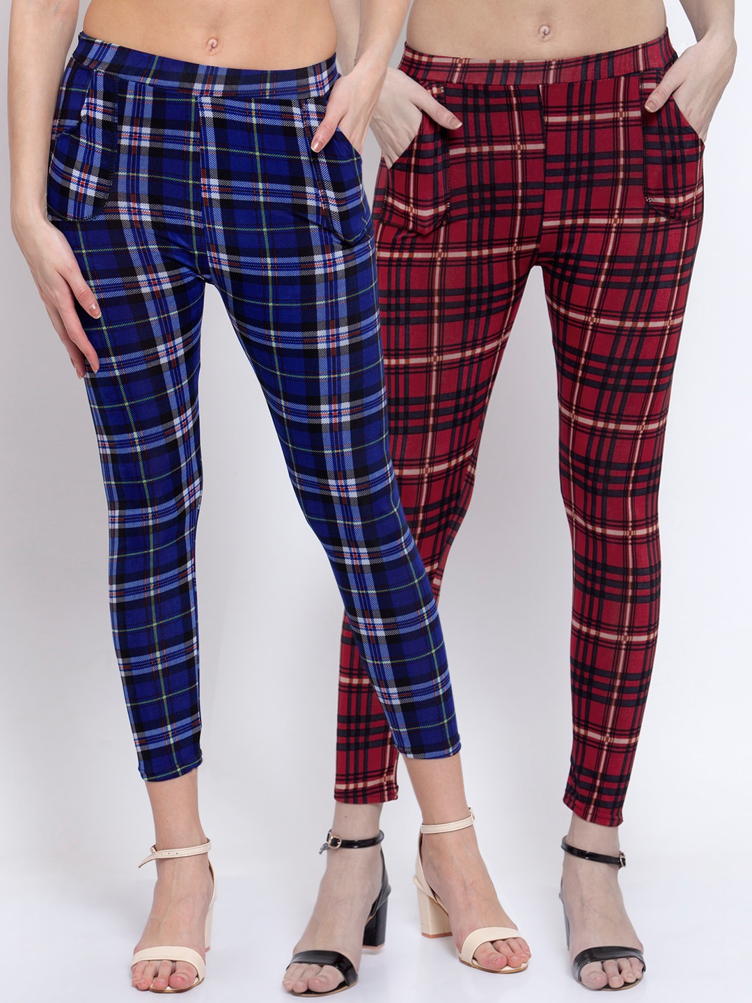 

KLOTTHE Women Pack Of 2 Checked Skinny-Fit Jeggings, Navy blue