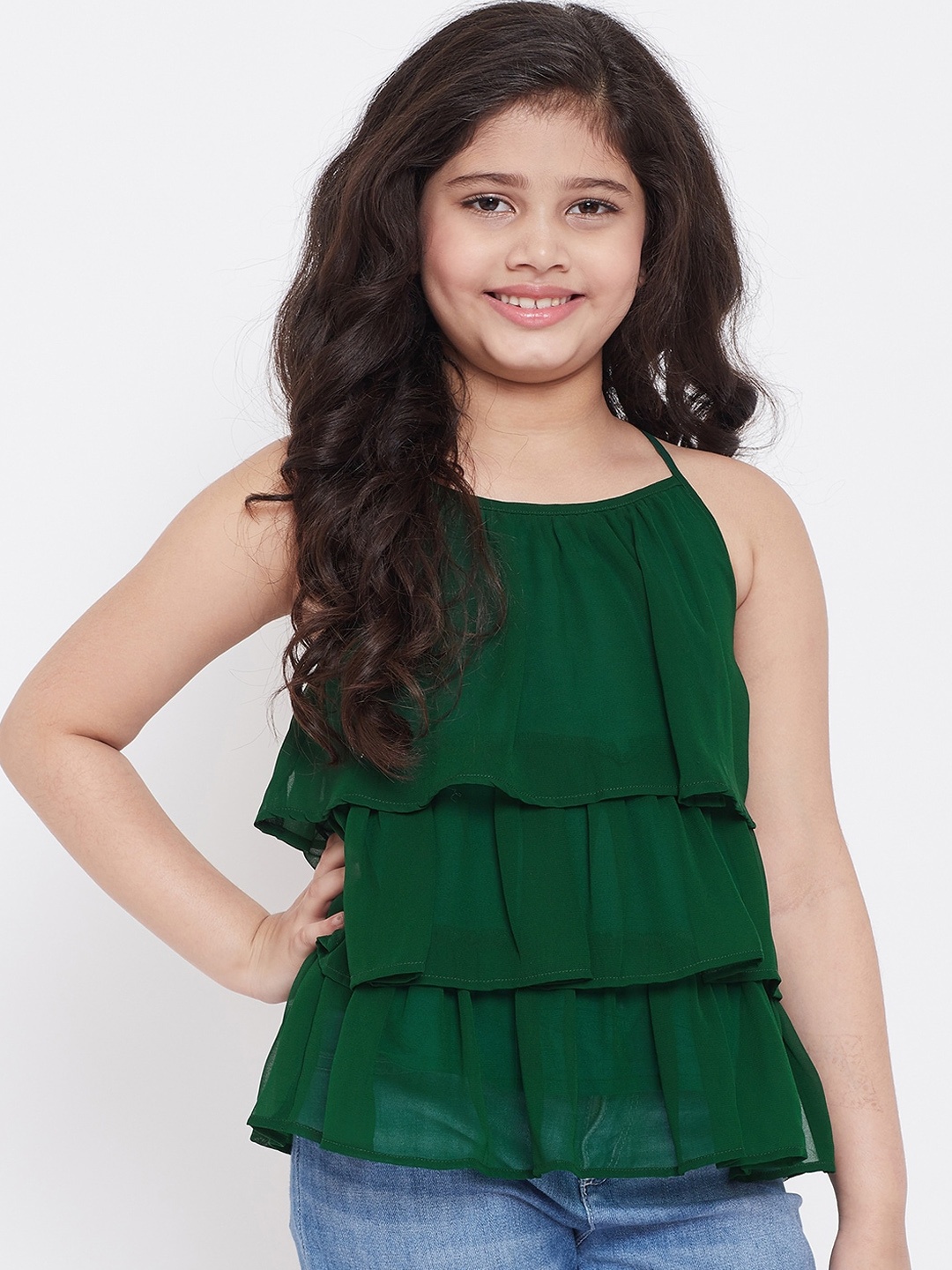 

Stylo Bug Green Georgette Tiered Top