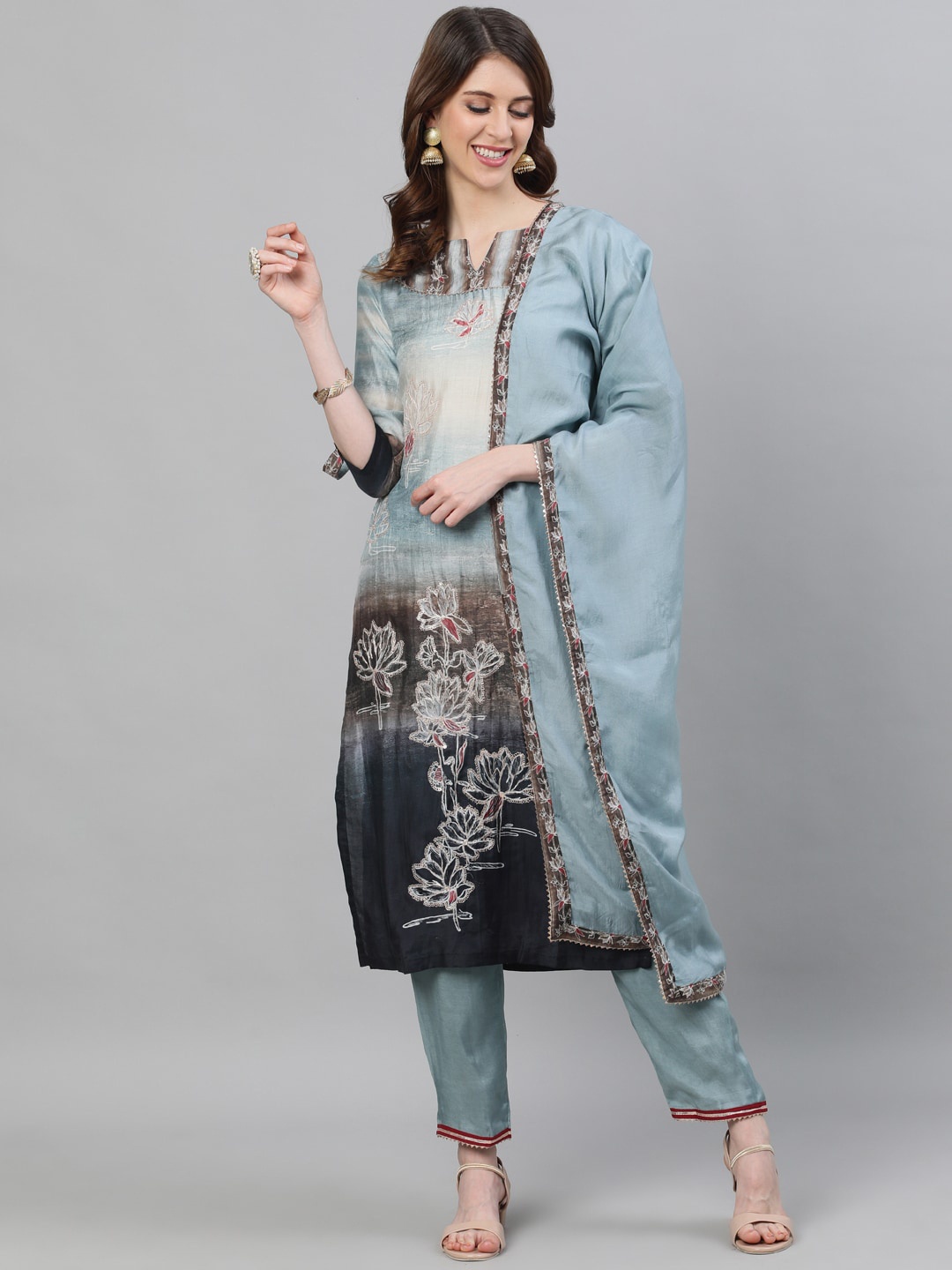 Ishin Women Grey Embroidered Kurta with Trousers & Dupatta