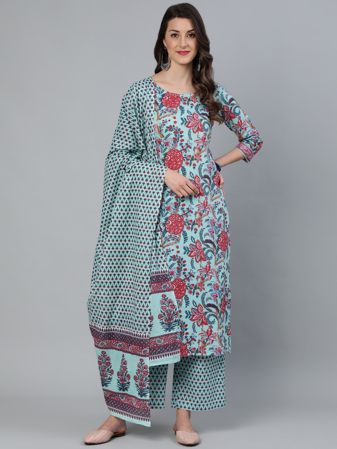 

Nayo Women Sea Green Printed Straight Kurta With Plazzo & Dupatta