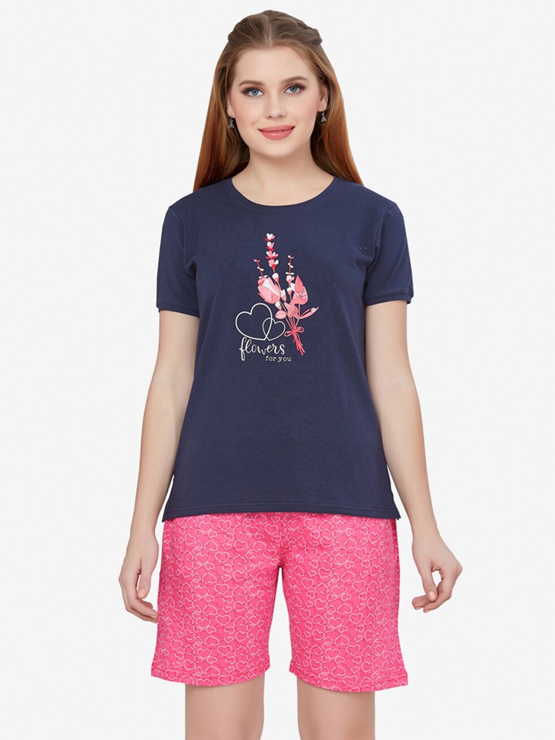 

Lenissa Women Navy Blue & Pink Printed Cotton Night suit
