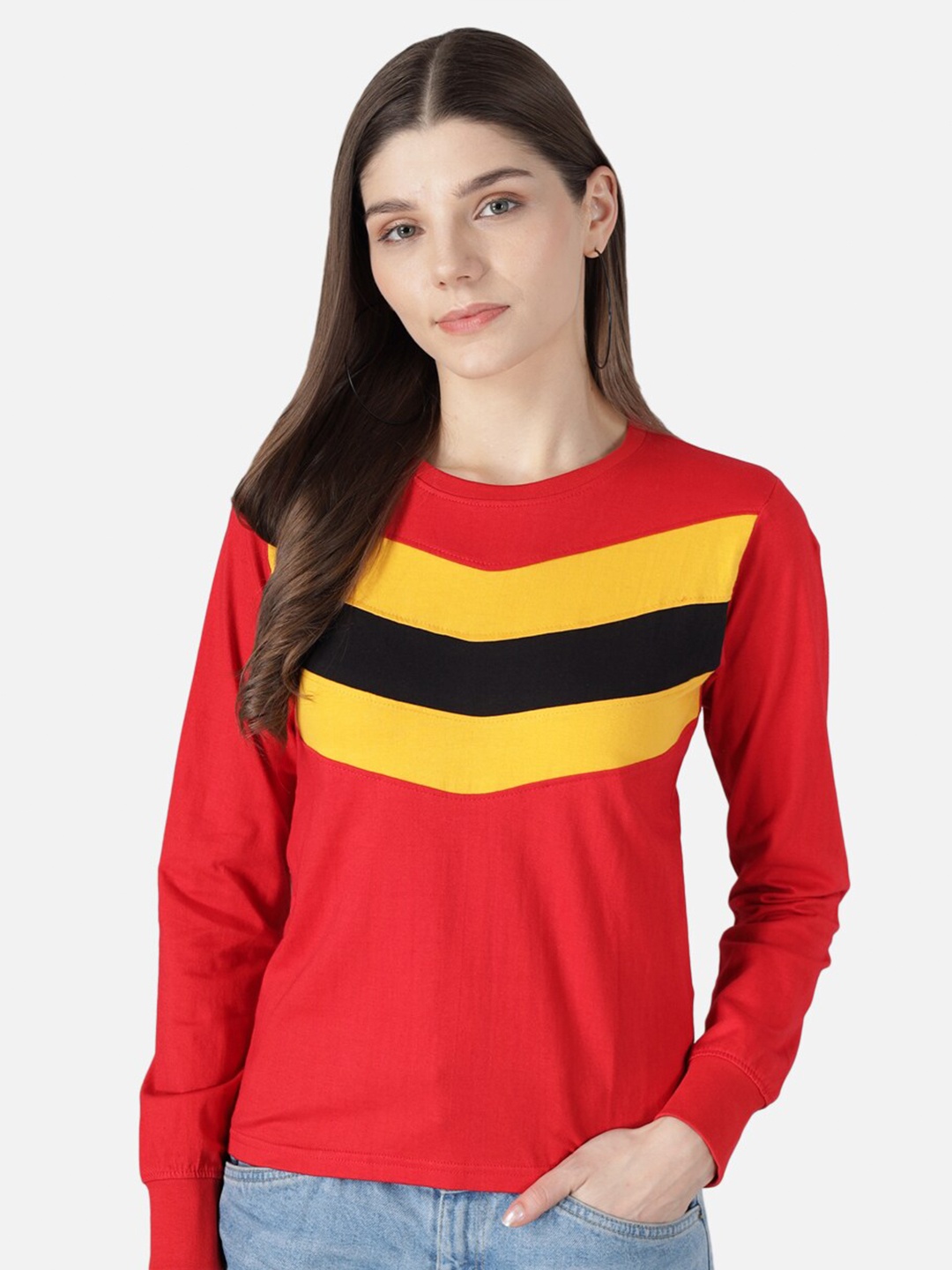 

The Dry State Women Red Colourblocked Polo Collar T-shirt