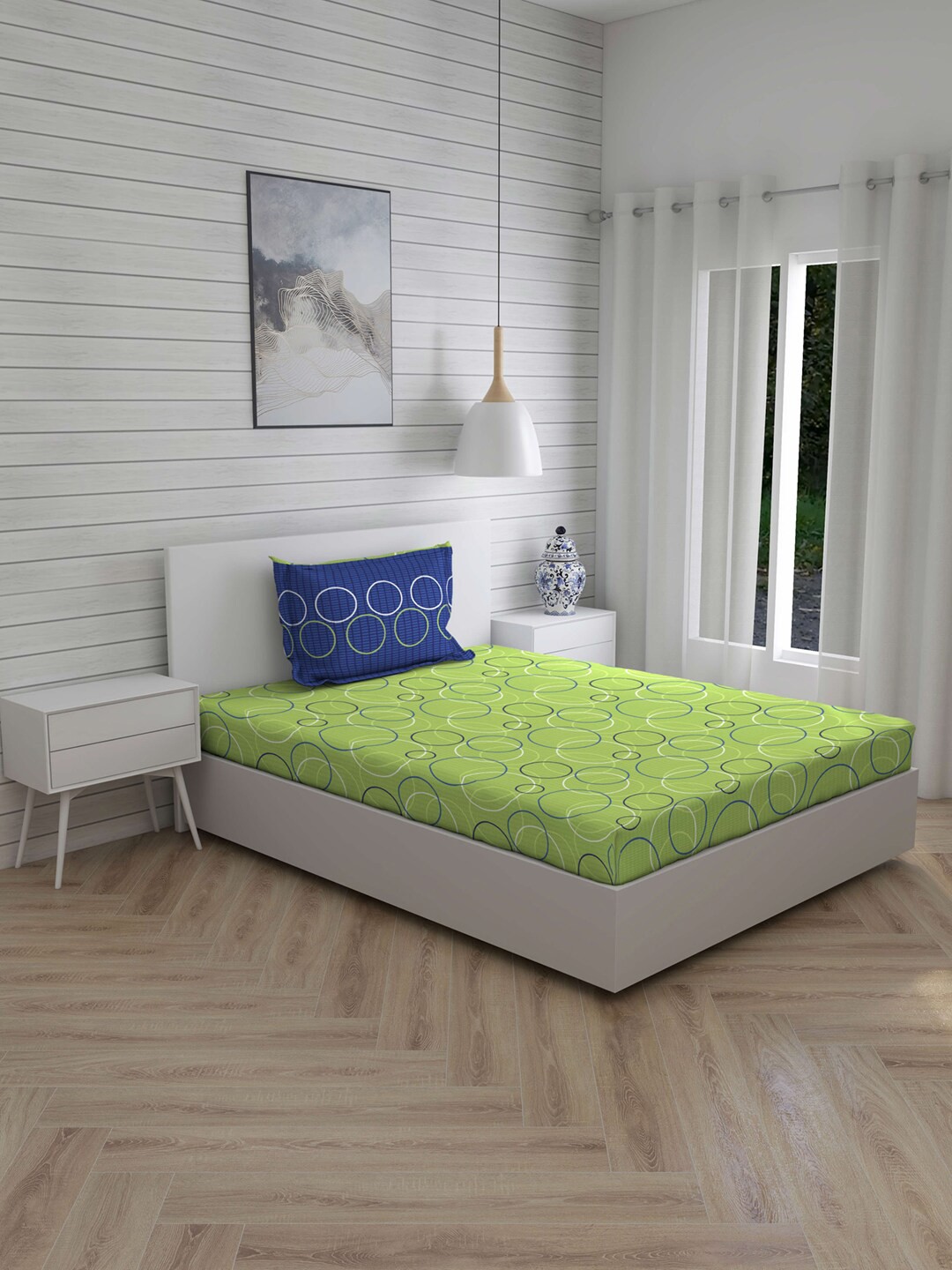 

Layers Green & Blue Geometric 104 TC Cotton 1 Single Bedsheet with 1 Pillow Covers