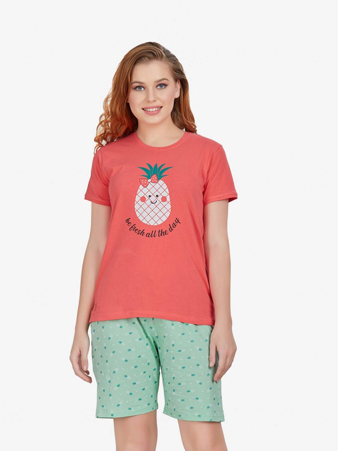 

Lenissa Women Coral & Sea Green Printed Cotton Night Suit