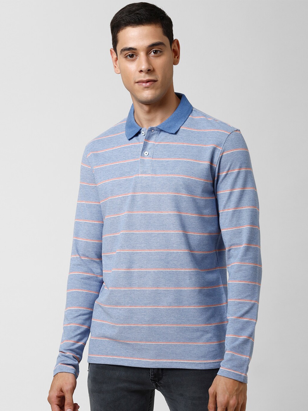 

Peter England Casuals Men Blue Striped Polo Collar T-shirt