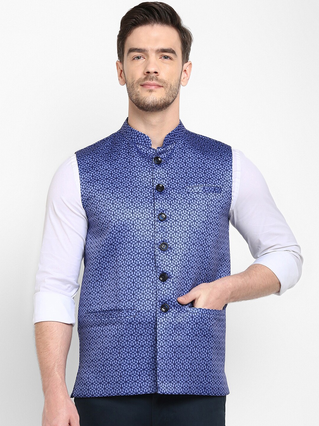 

Hangup Men Blue Printed Nehru Jacket