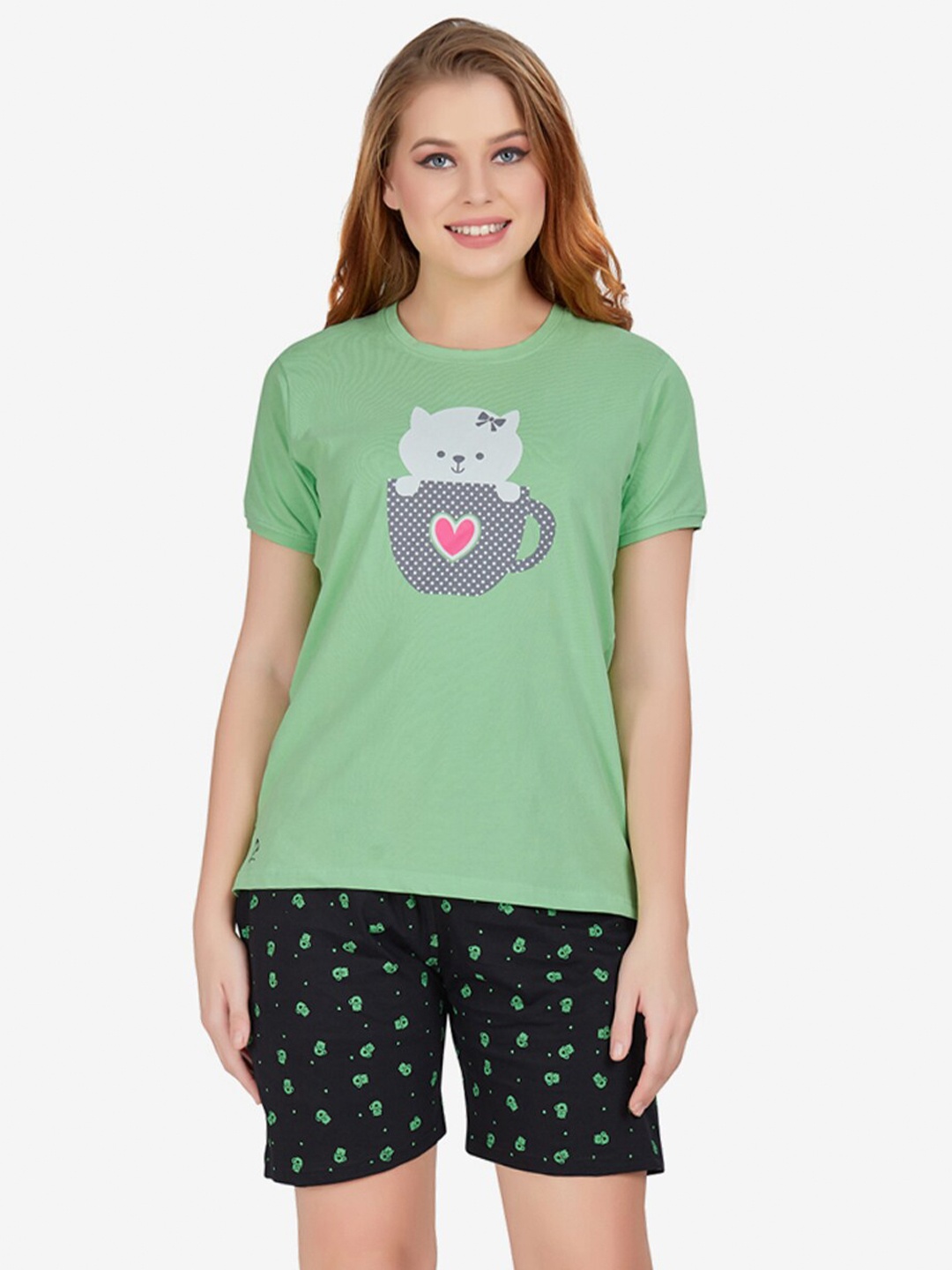 

Lenissa Women Green & Black Printed Cotton Night Suit