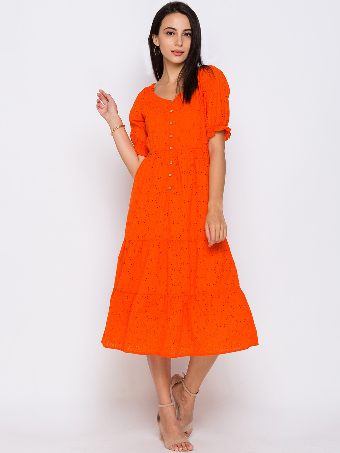 

Globus Women Orange Schiffli Embroidered A-Line Dress