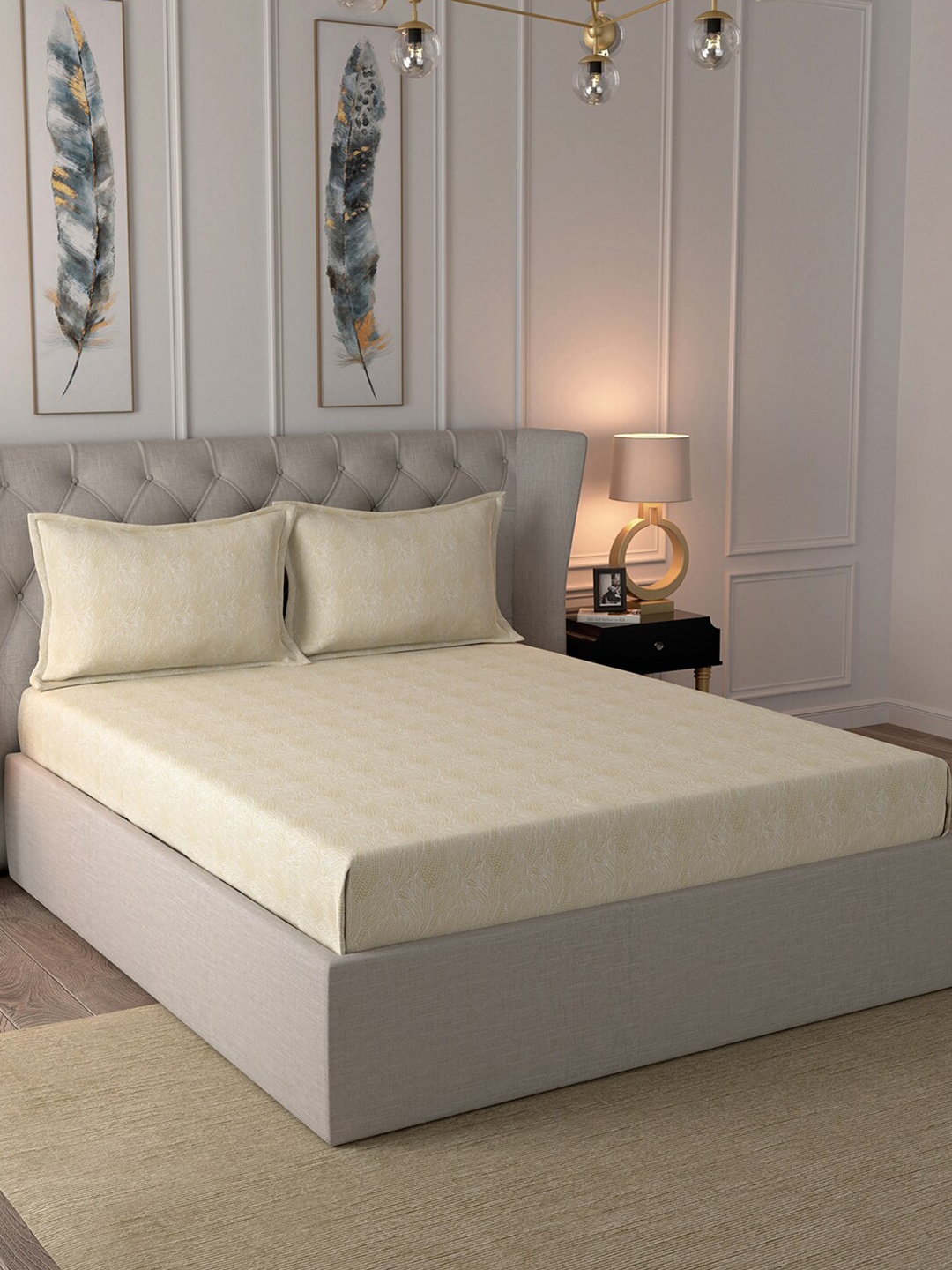 

In-House by maspar Beige & White Abstract 144 TC Cotton 1 Queen Bedsheet with 2 Pillow Covers