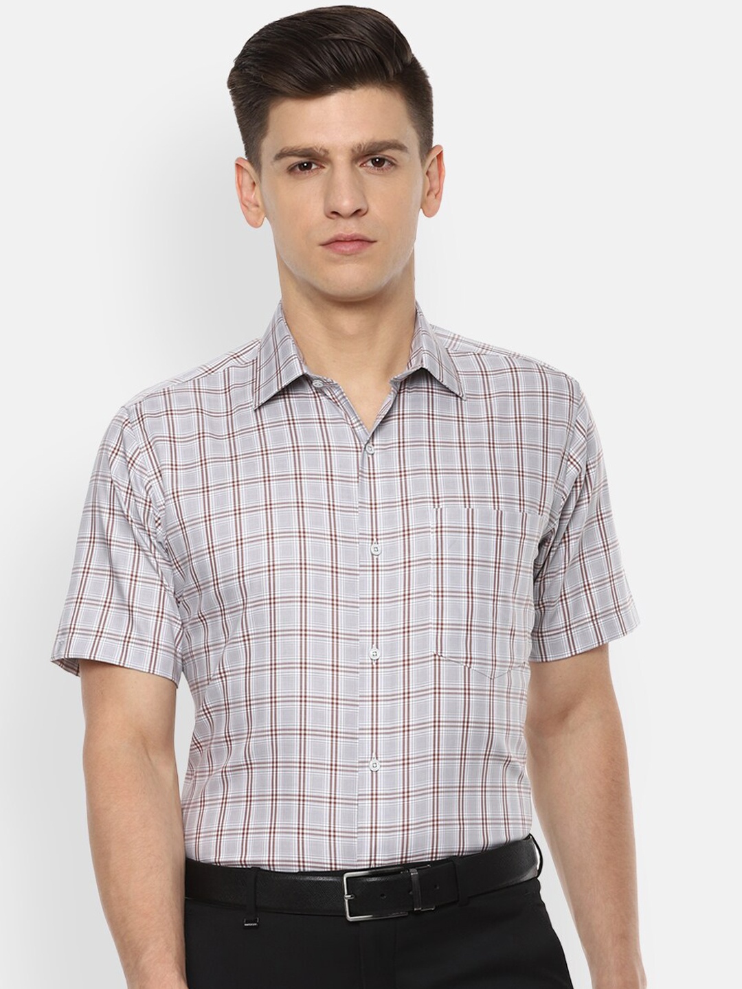 

Van Heusen Men Grey & Brown Regular Fit Checked Formal Shirt