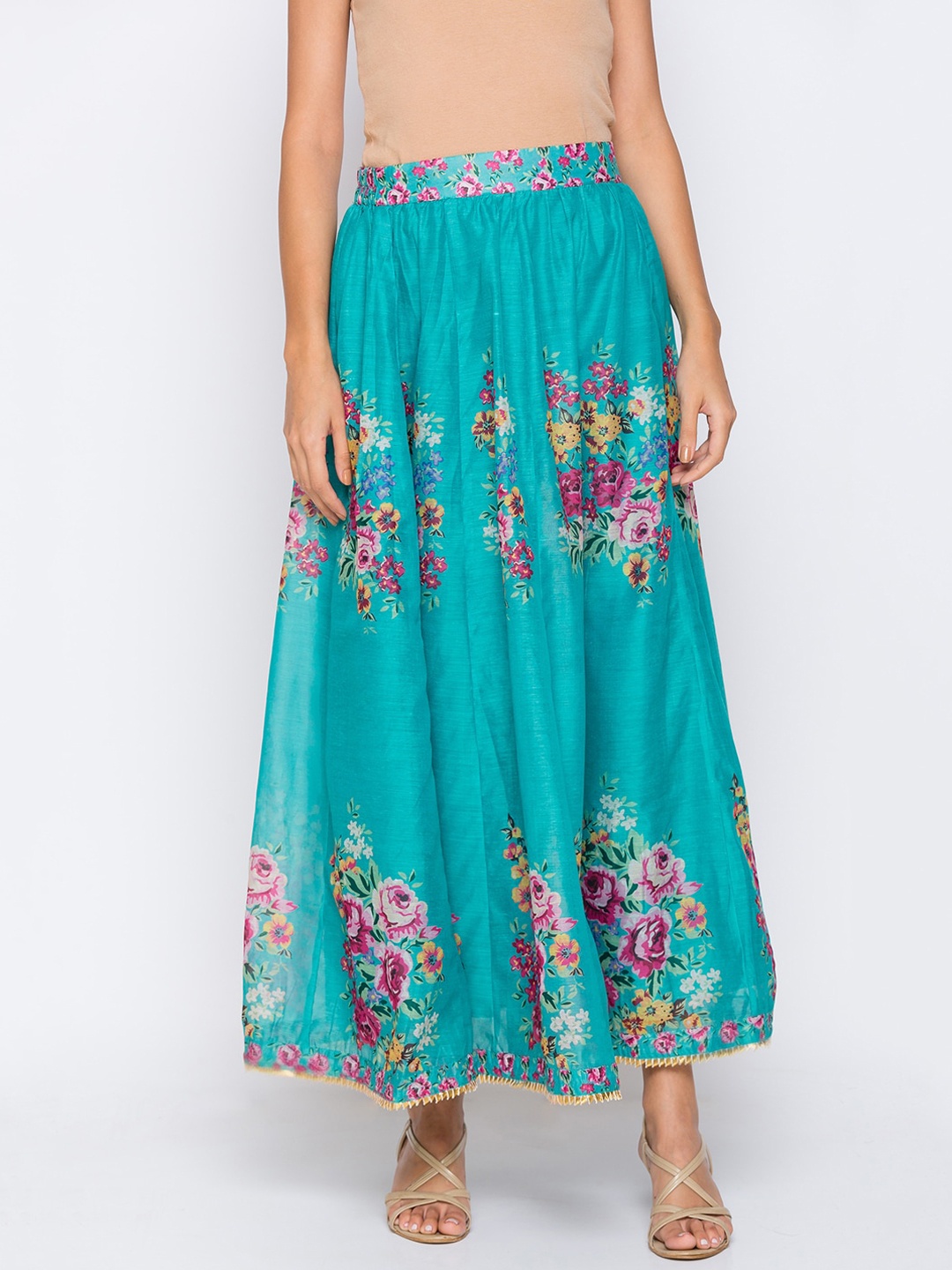 Globus Women Blue & Pink Floral Printed Flared Maxi Skirt